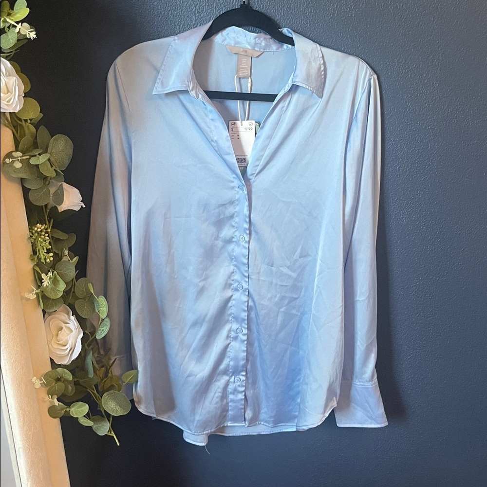 H&M Satin Sky Blue Collared Shirt NWT